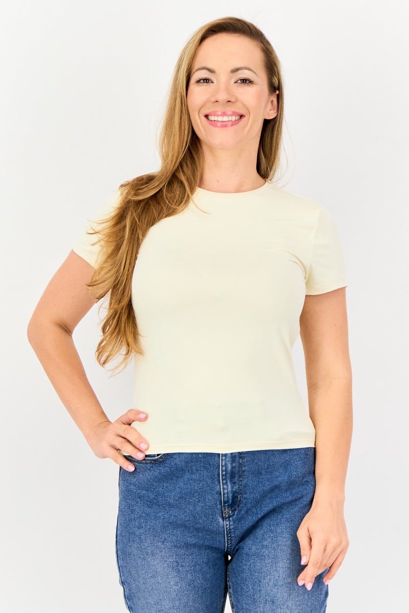 bebe Women Crew Neck Short Sleeve Solid T Shirt, Cream - Image 1