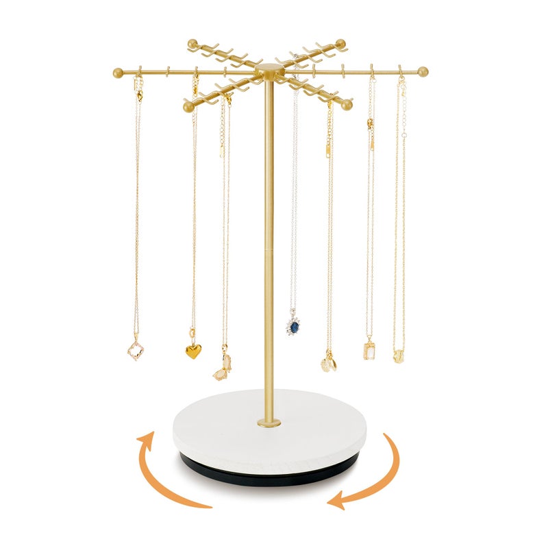 Poyilooo Necklace Holder Jewelry Stand, Rotating Necklace Holder Organizer with 48 Hooks for Necklace Earring Keychains Bracelet Display Stand, Metal Necklace Tree Stand -Women Gifts (Gold) - Image 1