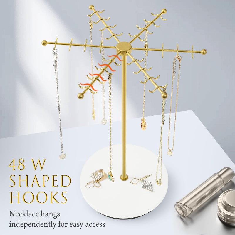 Poyilooo Necklace Holder Jewelry Stand, Rotating Necklace Holder Organizer with 48 Hooks for Necklace Earring Keychains Bracelet Display Stand, Metal Necklace Tree Stand -Women Gifts (Gold) - Image 3