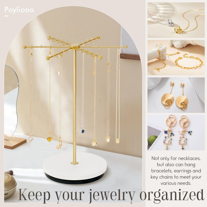Poyilooo Necklace Holder Jewelry Stand, Rotating Necklace Holder Organizer with 48 Hooks for Necklace Earring Keychains Bracelet Display Stand, Metal Necklace Tree Stand -Women Gifts (Gold) - Image 5
