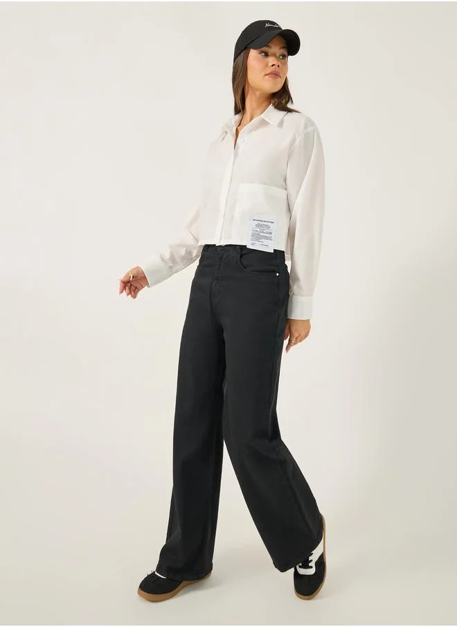 Styli Solid Boxy Fit Crop Shirt with Patch Detail