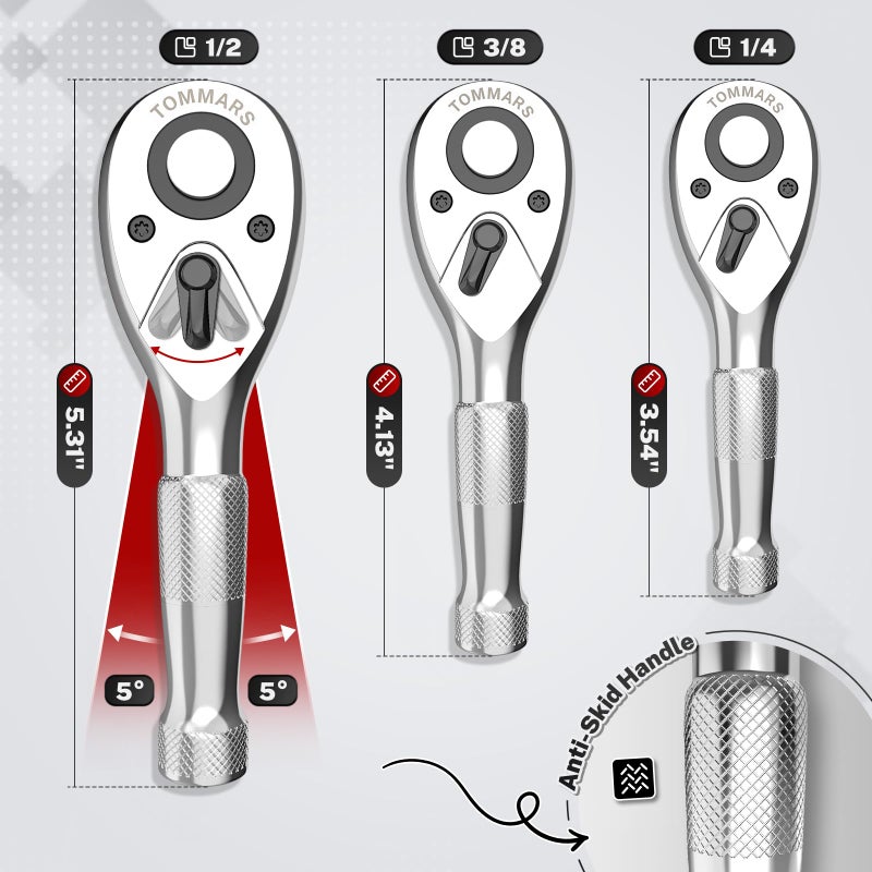 TOMMARS Stubby Ratchet Set, 1/4", 3/8", 1/2" Drive Ratchet Handle Wrench 72-Tooth Quick-Release Reversible, Gift for Men Mechanic Hand Tools - Image 3