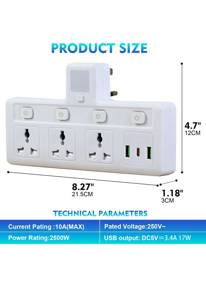 SKY-TOUCH - MultiPlug Extension Socket with 3 USB Extender Wall with 3 Outlets and an Electrical Power Extender Outlet Adaptor for Home Office and Kitchen White - Image 1