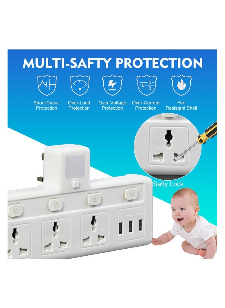 SKY-TOUCH - MultiPlug Extension Socket with 3 USB Extender Wall with 3 Outlets and an Electrical Power Extender Outlet Adaptor for Home Office and Kitchen White - Image 1