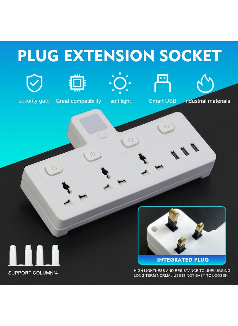 SKY-TOUCH - MultiPlug Extension Socket with 3 USB Extender Wall with 3 Outlets and an Electrical Power Extender Outlet Adaptor for Home Office and Kitchen White - Image 1