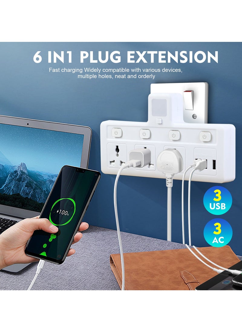 SKY-TOUCH - MultiPlug Extension Socket with 3 USB Extender Wall with 3 Outlets and an Electrical Power Extender Outlet Adaptor for Home Office and Kitchen White - Image 1