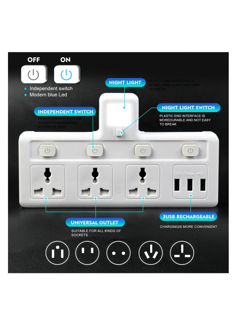 SKY-TOUCH - MultiPlug Extension Socket with 3 USB Extender Wall with 3 Outlets and an Electrical Power Extender Outlet Adaptor for Home Office and Kitchen White - Image 1