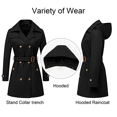 CREATMO US Women' Double Breasted Coat Mid-Length Belted Lapel Overcoat with Belt Black S - Image 3