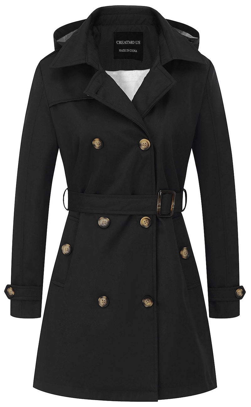 CREATMO US Women' Double Breasted Coat Mid-Length Belted Lapel Overcoat with Belt Black S - Image 1