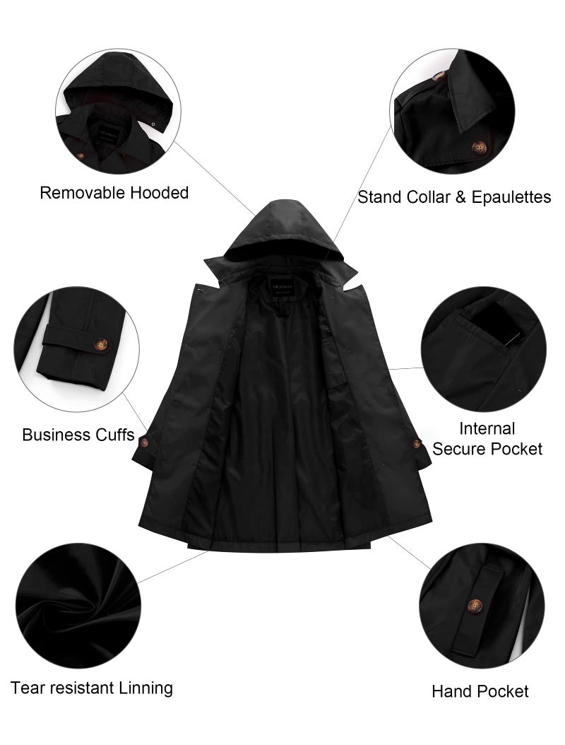 CREATMO US Women' Double Breasted Coat Mid-Length Belted Lapel Overcoat with Belt Black S - Image 5