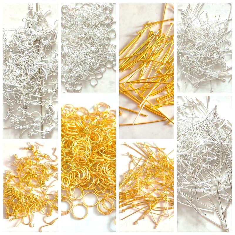 Teraiya's Teraiya's Jewellery Making Kit for Jewellery Making | Bracelate | Necklace |Golden and Silver Head pin |Eye Pin |Small Jump Rings | Earring Hook (100 pcs Each Total -800 pcs)  - Image 1