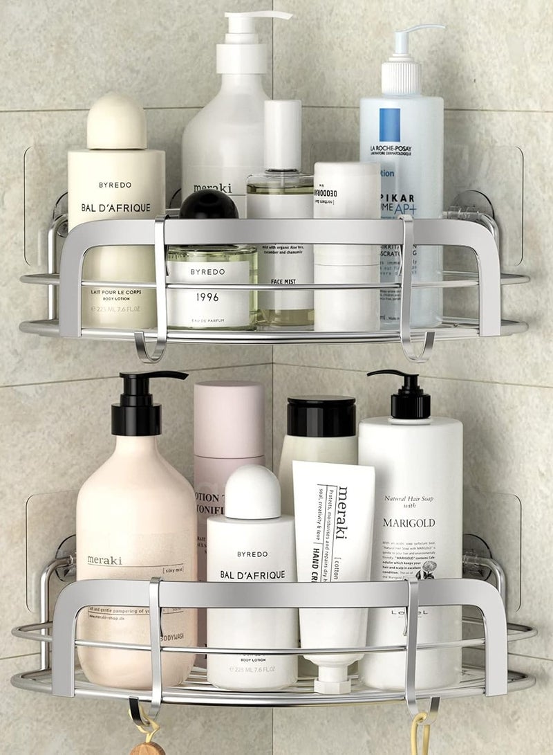 Shower Caddy Corner, Bathroom Corner Shower Shelfs, Adhesive Wall Mounted Shower Caddy with 4 Movable Hooks, Rustproof Stainless Steel Bathroom Shower Organizer, No Drilling Wall Mount 2-Pack - Image 1