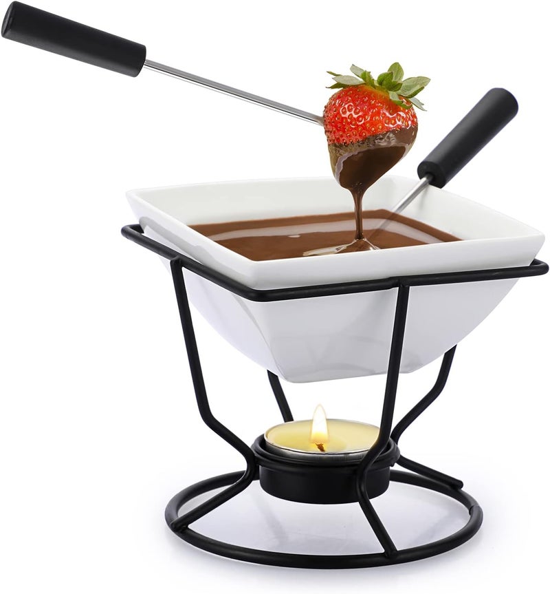 BSTKEY Ceramic Butter Warmer Set, Fondue Pot Melting Pot Set, Melt Hot Pot Square Bowl Set For Cheese Chocolate Butter Caramel, with 2 Dipping Forks - Image 1