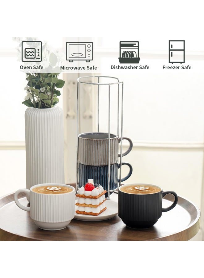 Tikooere Ceramic Coffee Mugs with Stand,15 Ounce Stackable Coffee Cups Set of 4 for Latte,Cappuccino,Mocha,Cocoa,Ribbed Vintage Coffee Cups for Men Women,Dishwasher & Microwave Safe,Striped Multicolor - Image 3