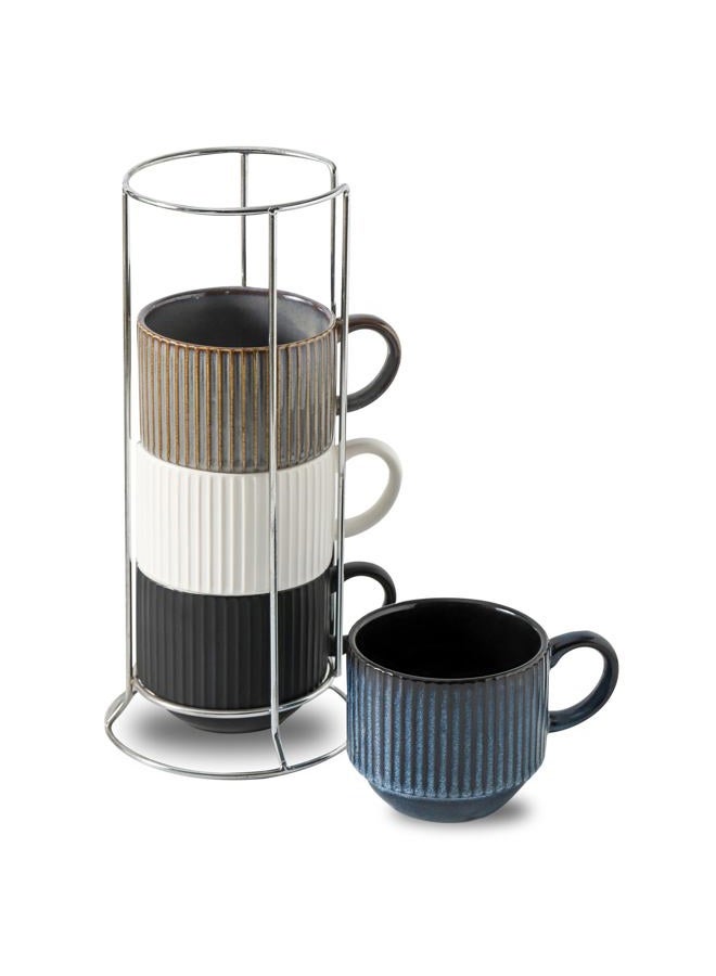 Tikooere Ceramic Coffee Mugs with Stand,15 Ounce Stackable Coffee Cups Set of 4 for Latte,Cappuccino,Mocha,Cocoa,Ribbed Vintage Coffee Cups for Men Women,Dishwasher & Microwave Safe,Striped Multicolor - Image 1