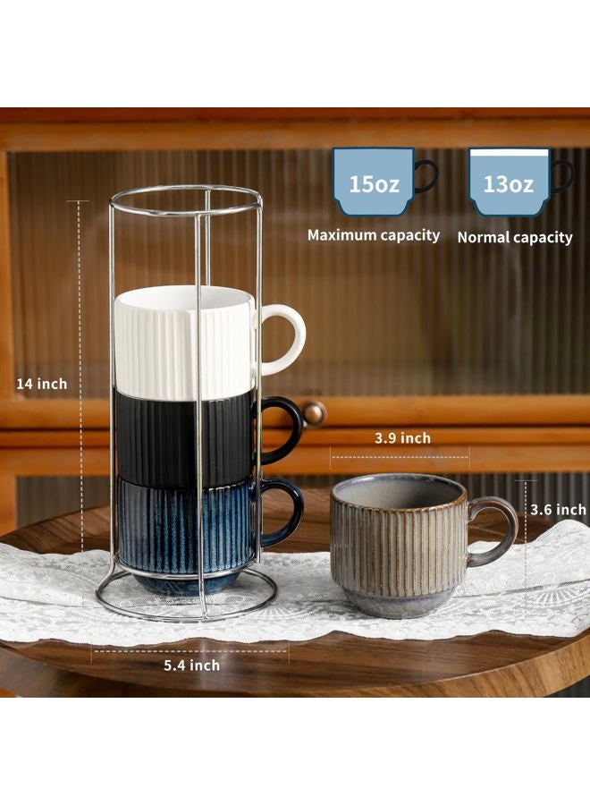 Tikooere Ceramic Coffee Mugs with Stand,15 Ounce Stackable Coffee Cups Set of 4 for Latte,Cappuccino,Mocha,Cocoa,Ribbed Vintage Coffee Cups for Men Women,Dishwasher & Microwave Safe,Striped Multicolor - Image 2