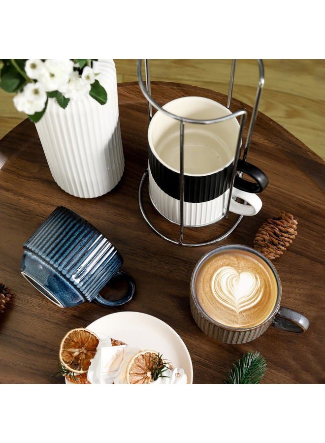 Tikooere Ceramic Coffee Mugs with Stand,15 Ounce Stackable Coffee Cups Set of 4 for Latte,Cappuccino,Mocha,Cocoa,Ribbed Vintage Coffee Cups for Men Women,Dishwasher & Microwave Safe,Striped Multicolor - Image 4