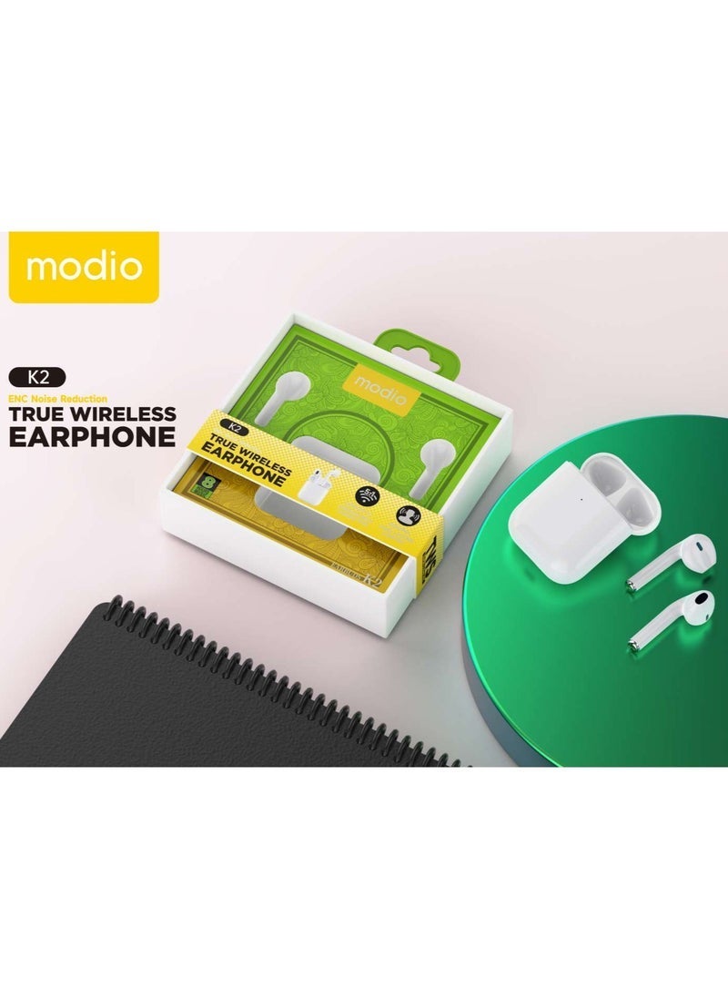 modio K2 True Wireless Earphones With ENC Noise Reduction High Quality Audio Crystal Clear Microphone and Touch Controls Compatible With iPhones and iPads White - Image 3