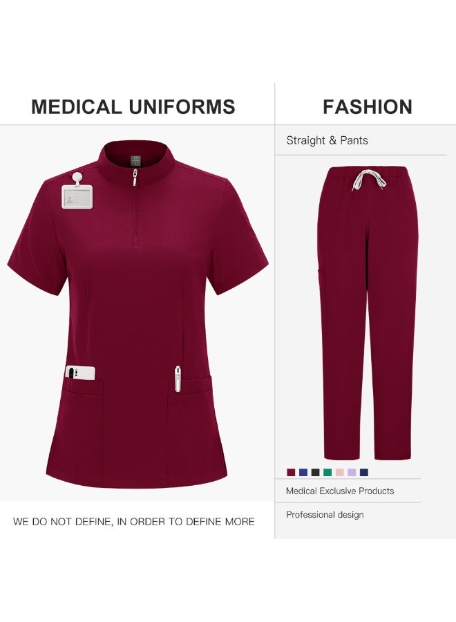 Loquat Womens Medical Scrubs Set Medical Uniform Set Wine Red - Image 1