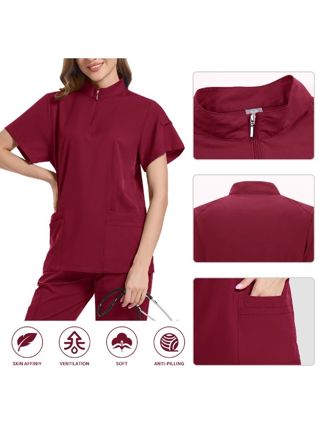 Loquat Womens Medical Scrubs Set Medical Uniform Set Wine Red - Image 3