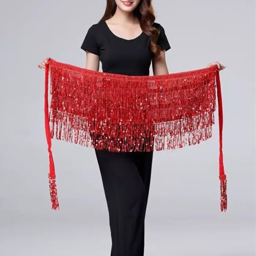 Fenyong Women's Sequin Tassel Skirts Sparkly Rave Fringe Hip Scarf for Festival Costume(Red) - Image 5