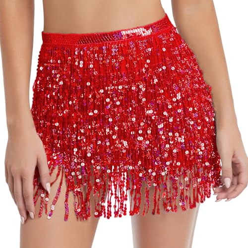 Fenyong Women's Sequin Tassel Skirts Sparkly Rave Fringe Hip Scarf for Festival Costume(Red) - Image 1