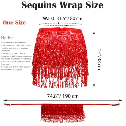 Fenyong Women's Sequin Tassel Skirts Sparkly Rave Fringe Hip Scarf for Festival Costume(Red) - Image 4