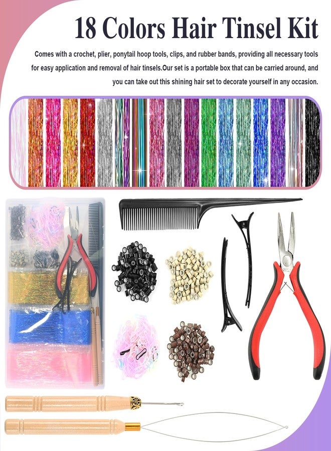 Leuceiy 18 Colors Hair Tinsel Kit, 48 Inch Hair Extensions With Tool, 5400 Strands Sparkling Dazzle Glitter Shiny Fairy Hair Heat Resistant for Girls Women Christmas New Year Festival Party - Image 2