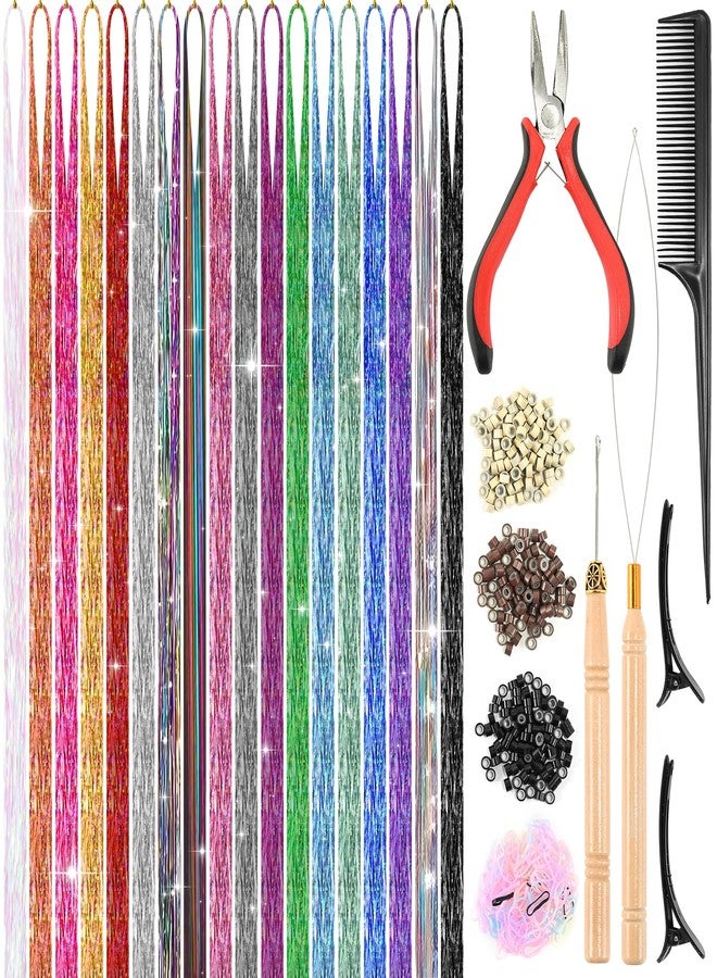 Leuceiy 18 Colors Hair Tinsel Kit, 48 Inch Hair Extensions With Tool, 5400 Strands Sparkling Dazzle Glitter Shiny Fairy Hair Heat Resistant for Girls Women Christmas New Year Festival Party - Image 1