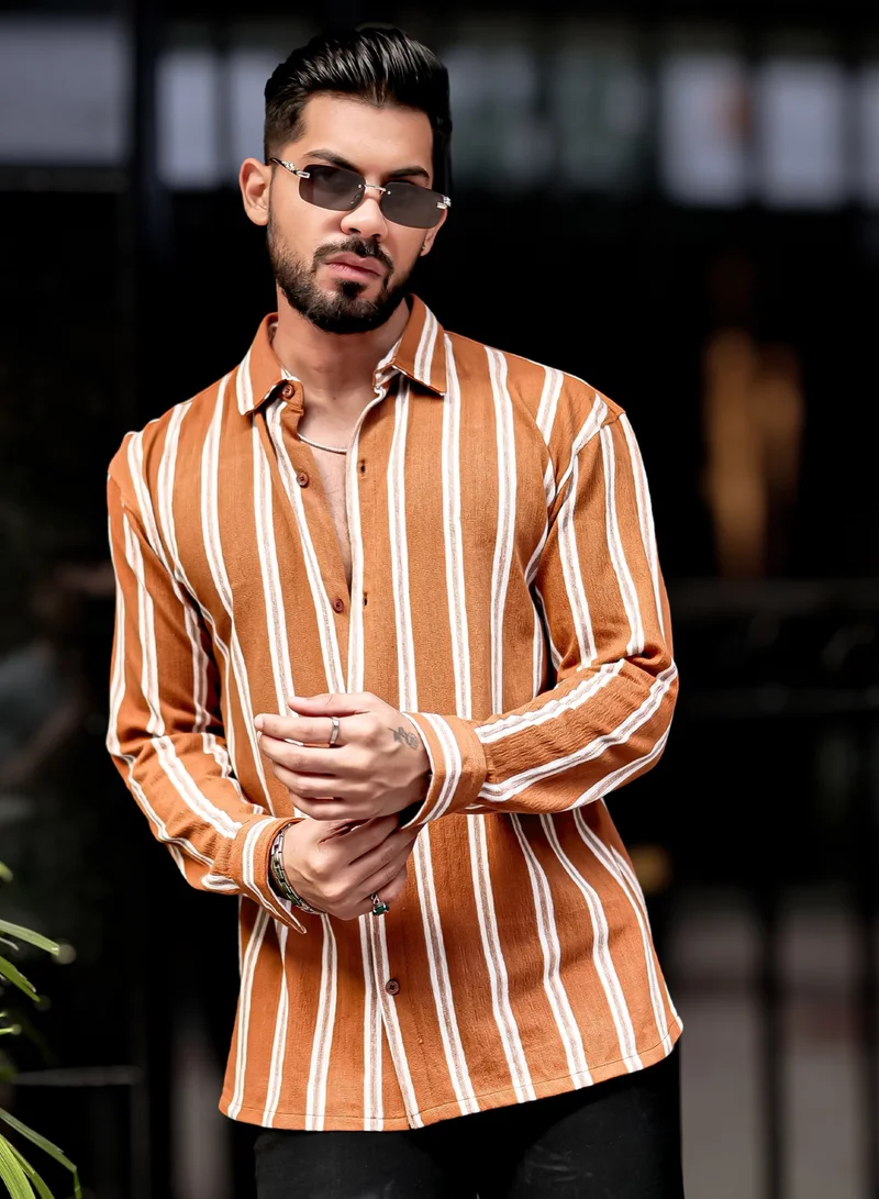 Maniac  Maniac Mens Vertical Stripes Full Sleeve Terry Fabric Rust Slim Fit Shirt for Men | Best Price UAE
