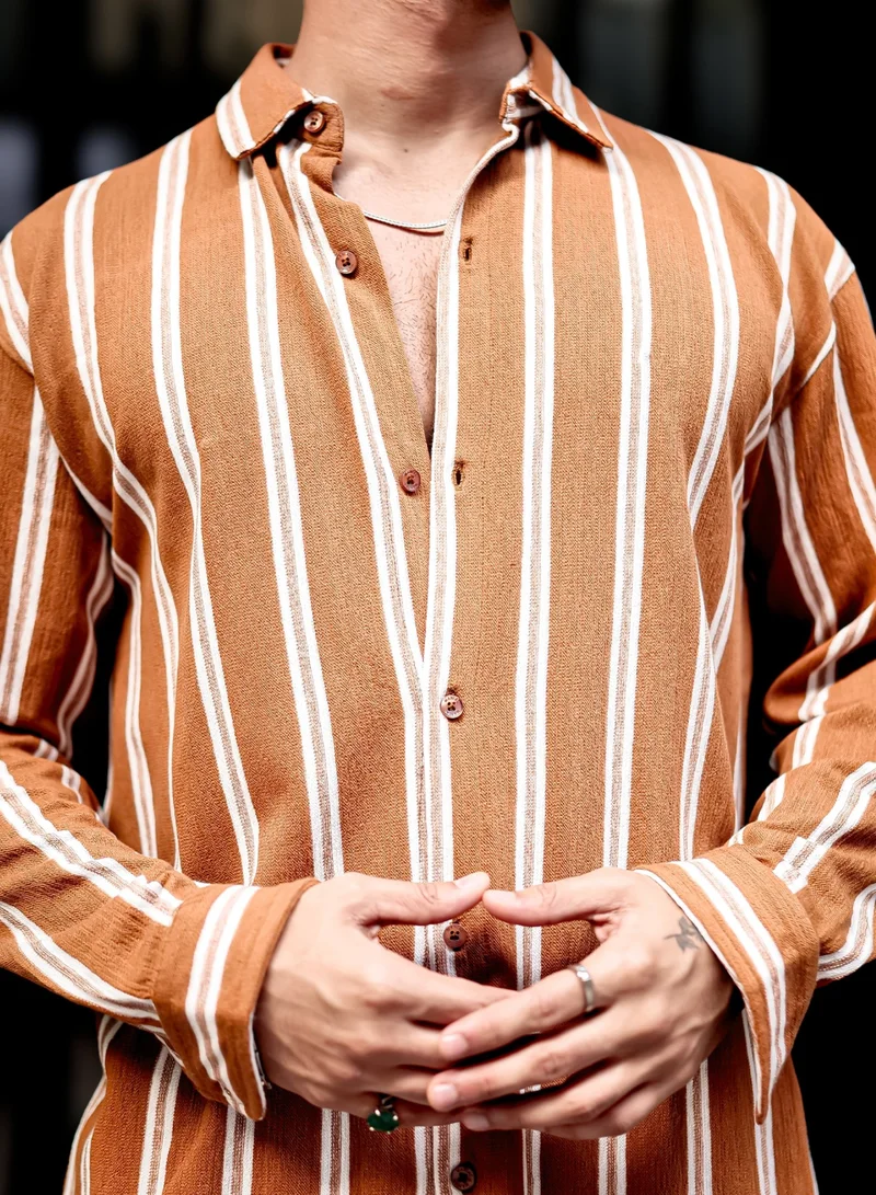 Maniac  Maniac Mens Vertical Stripes Full Sleeve Terry Fabric Rust Slim Fit Shirt for Men | Best Price UAE