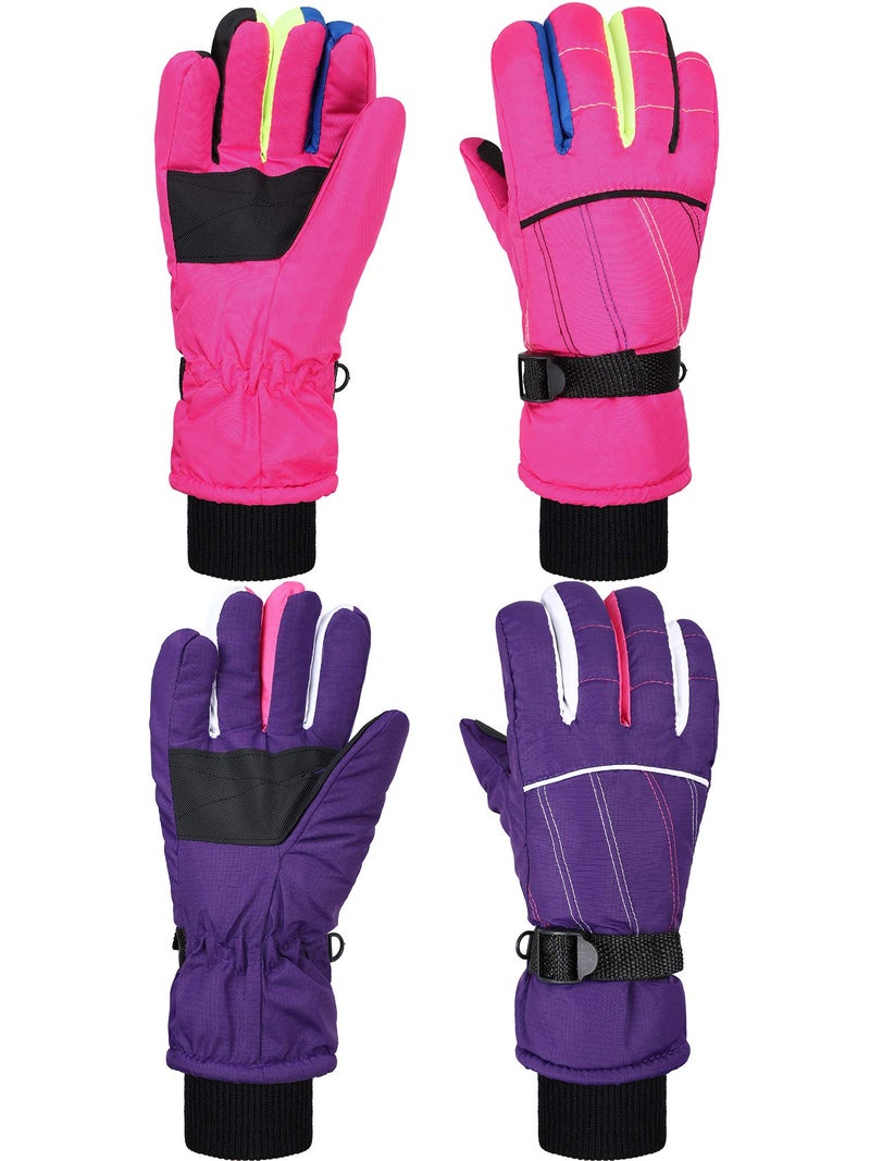 SATINIOR 2 Pairs Kids Waterproof Winter Snow Gloves Ski Gloves for Boy Girl Outdoor Warm Thickening Snowboard(Pink, Purple,6-10 Years) - Image 1