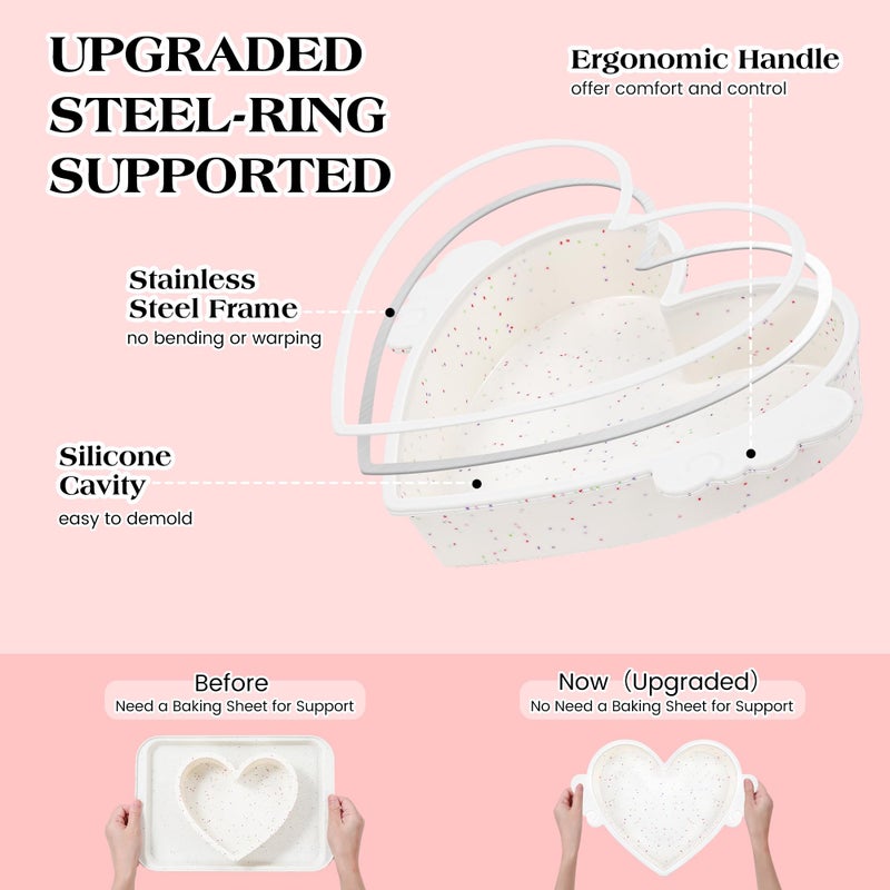 AOTASO 10 Inch Heart Shaped Cake Pans with Metal Reinforced Frame Silicone Heart Cake Pans Nonstick Large Silicone Molds for Baking Set of 2 (Cream) - Image 2
