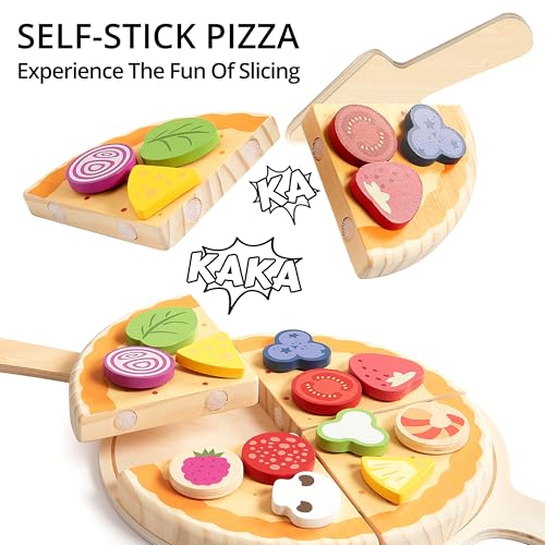 PairPear Wooden Pizza Cutting Play Food Set 28 Piece Pretend Pizza Toys Food Playset Montessori Kitchen Toy Gift for Toddlers Ages 3 - Image 5