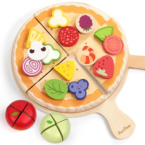 PairPear Wooden Pizza Cutting Play Food Set 28 Piece Pretend Pizza Toys Food Playset Montessori Kitchen Toy Gift for Toddlers Ages 3 - Image 1
