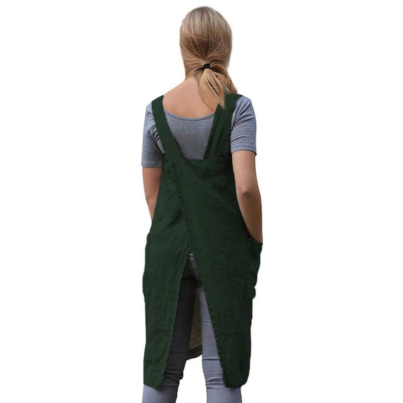 Larmliss Women 's Pinafore Square Apron Baking Cooking Gardening Works Cross Back Cotton/Linen Blend Dress with 2 Pockets Dark Green-L - Image 5