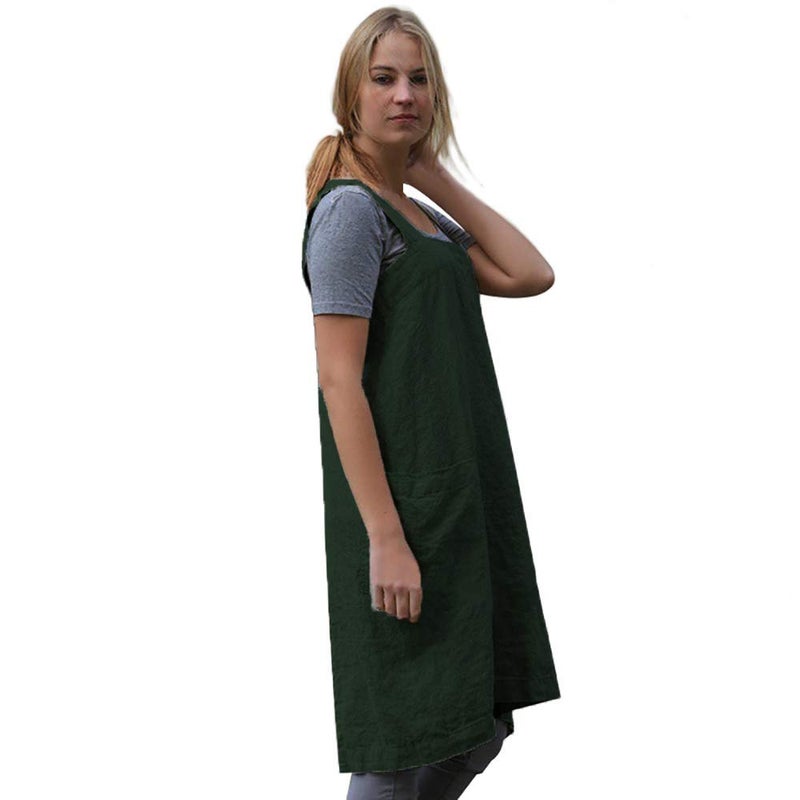 Larmliss Women 's Pinafore Square Apron Baking Cooking Gardening Works Cross Back Cotton/Linen Blend Dress with 2 Pockets Dark Green-L - Image 4