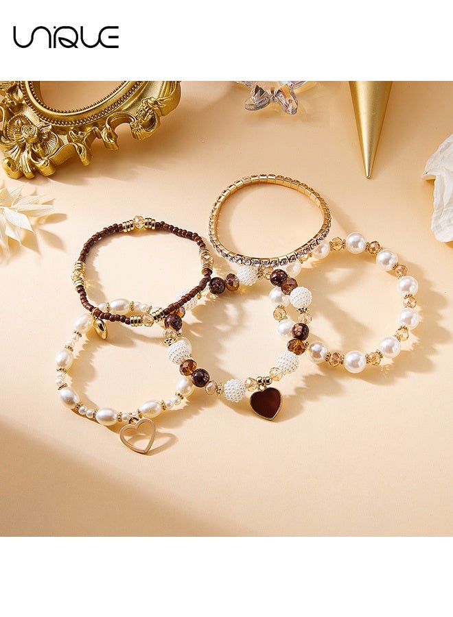 Unique 5PCS Beaded Bracelet Set - Stackable Pearl Bracelet - Heart-Shaped Crystal Bracelet - Fashionable and Elegant - New Bracelet - Women's (Gold) - Image 4