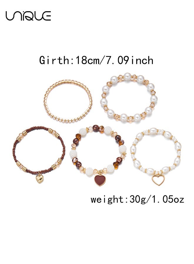 Unique 5PCS Beaded Bracelet Set - Stackable Pearl Bracelet - Heart-Shaped Crystal Bracelet - Fashionable and Elegant - New Bracelet - Women's (Gold) - Image 2