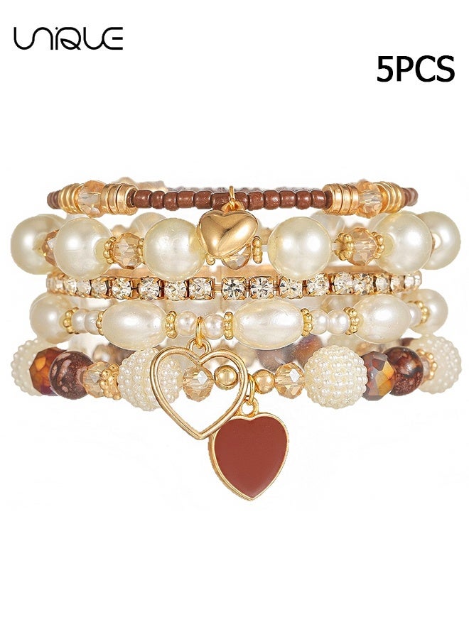 Unique 5PCS Beaded Bracelet Set - Stackable Pearl Bracelet - Heart-Shaped Crystal Bracelet - Fashionable and Elegant - New Bracelet - Women's (Gold) - Image 1
