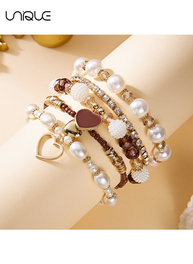 Unique 5PCS Beaded Bracelet Set - Stackable Pearl Bracelet - Heart-Shaped Crystal Bracelet - Fashionable and Elegant - New Bracelet - Women's (Gold) - Image 3