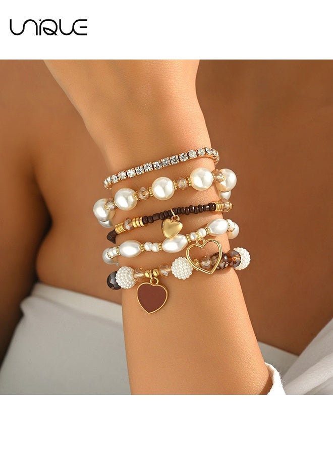 Unique 5PCS Beaded Bracelet Set - Stackable Pearl Bracelet - Heart-Shaped Crystal Bracelet - Fashionable and Elegant - New Bracelet - Women's (Gold) - Image 5