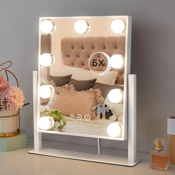 HOLLYWOOD VANITY MIRROR WITH LIGHTS MAKEUP 9 DIMMABLE BULBS THREE COLOR LIGHTING MODES AND 5X MAGNIFICATION MIRROR SMART TOUCH CONTROL 360ROTATION WHITE