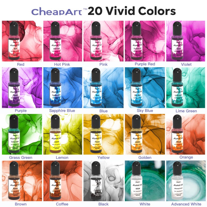 CHEAPART Alcohol Ink Set 24 Vibrant Colors Resin Dye High Concentrated Fast Drying Alcohol Based Epoxy Resin Pigment Resin Art Tumblers Coaster Acrylic Fluid Painting Crafts (24x10ml/0.35 fl oz) - Image 2