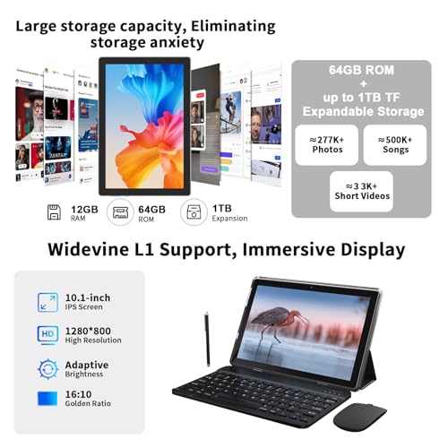 ICONLINK Android 16 Tablet 10 Inch, 12(3+9) GB RAM+64GB ROM, 2 in 1 Tablets with Keyboard Case Mouse Stylus, 2.0GHz Five-core Processor, 1280 * 800 IPS HD Screen, 5G WiFi6 BT 5.3 Tableta PC（Black - Image 4
