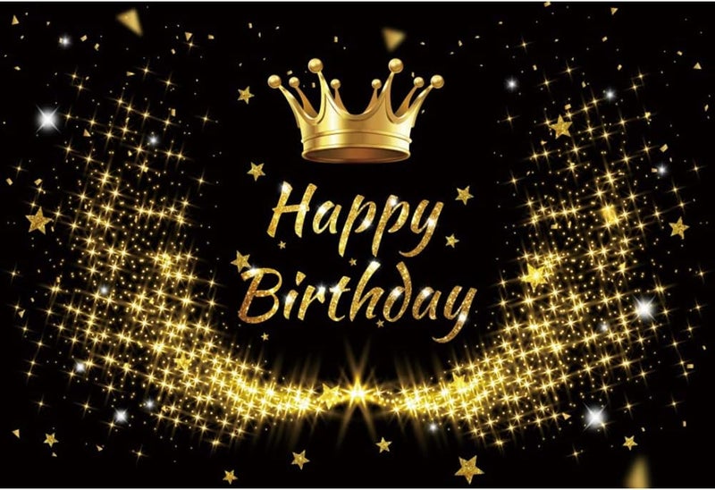 Laeacco Happy Birthday Backdrop 10x8ft Black and Gold Men Women Birthday Photography Background Gold Giltter Shining Stars Crown Happy Birthday Party Decoration Banner Adults Portrait Photo Studio - Image 4