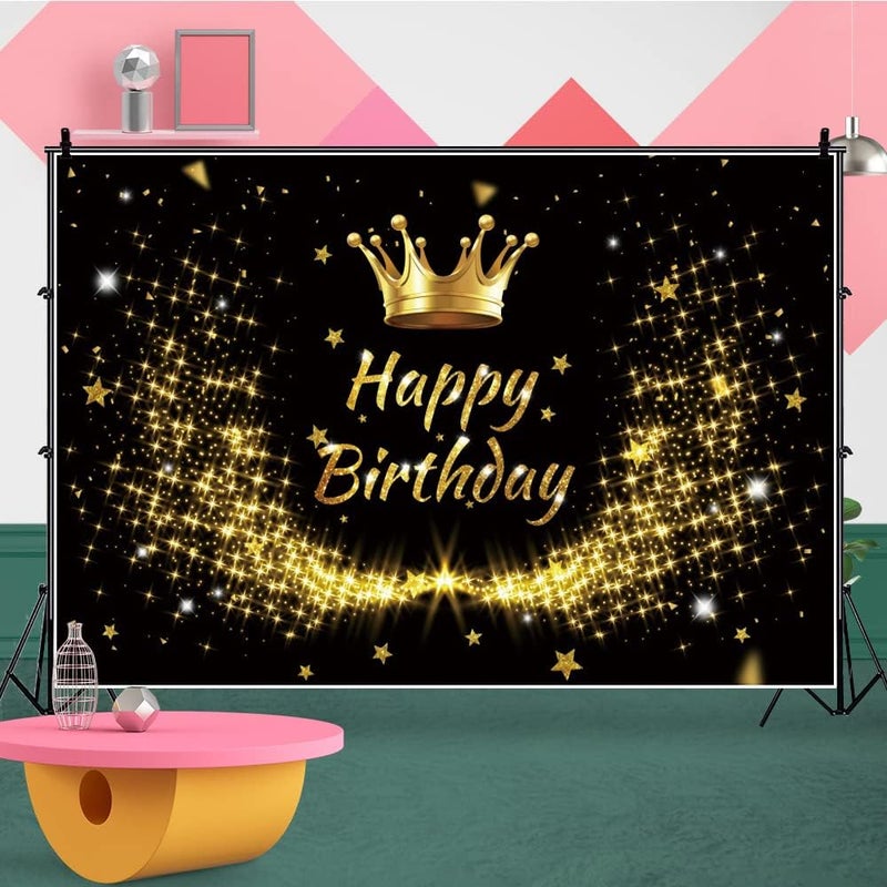 Laeacco Happy Birthday Backdrop 10x8ft Black and Gold Men Women Birthday Photography Background Gold Giltter Shining Stars Crown Happy Birthday Party Decoration Banner Adults Portrait Photo Studio - Image 5