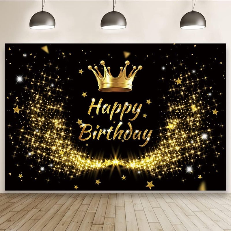 Laeacco Happy Birthday Backdrop 10x8ft Black and Gold Men Women Birthday Photography Background Gold Giltter Shining Stars Crown Happy Birthday Party Decoration Banner Adults Portrait Photo Studio - Image 1