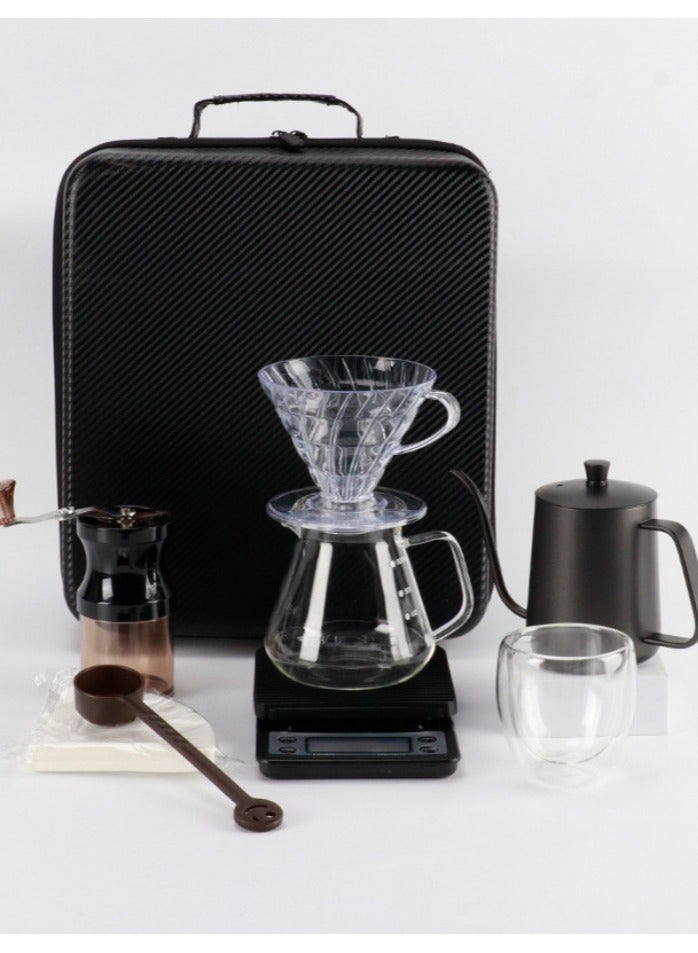 V60 Portable Pour Over Drip Coffee Maker Set with Travel Case Black 34.5 x 30 x 15.5cm, 7-Piece Hand Brewing Coffee Maker Set,Pour Over Coffee Machine Accessories Kit All In 1 Portable Travel Case  - Image 1