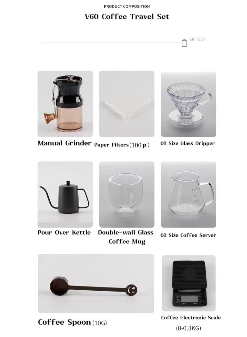V60 Portable Pour Over Drip Coffee Maker Set with Travel Case Black 34.5 x 30 x 15.5cm, 7-Piece Hand Brewing Coffee Maker Set,Pour Over Coffee Machine Accessories Kit All In 1 Portable Travel Case  - Image 2